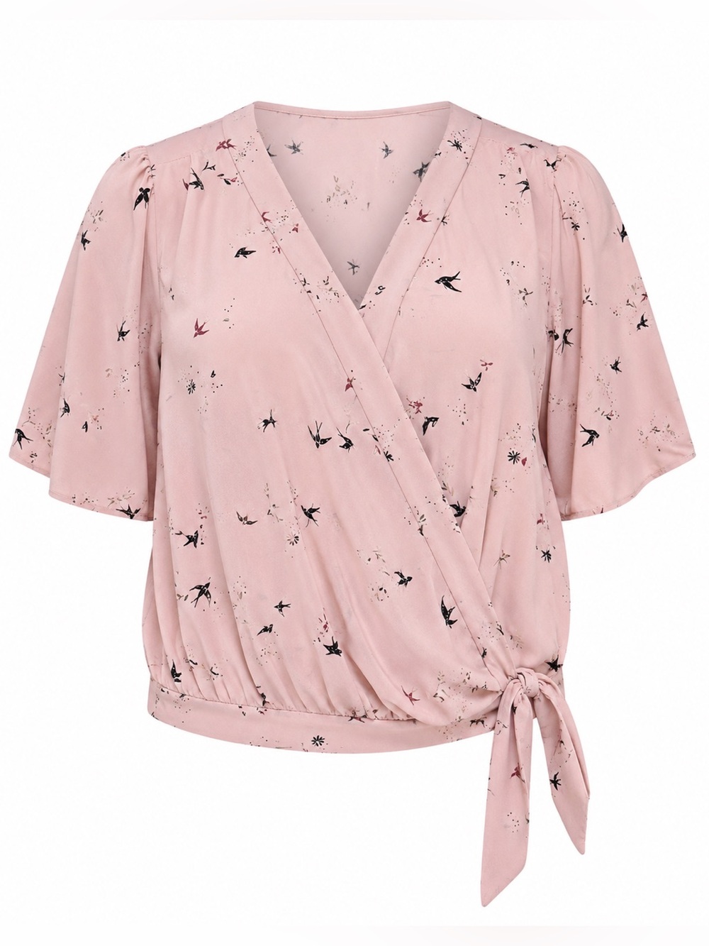 Reitmans 3X Pink Bird Print Wrap Blouse Tie Waist Flutter Sleeve